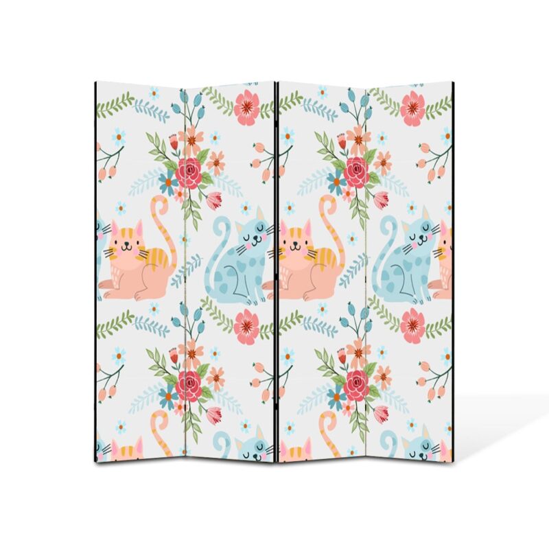 Paravan 4 piese Premium Art Kids, Pisici si decor floral, Panza pe cadru de lemn, Decoratiuni Moderne pentru Casa, 4 Panouri de 25x70, 100 x 70 cm