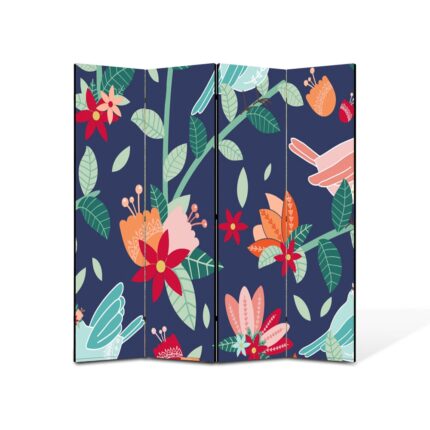 Paravan 4 piese Premium Art Kids, Vrabii si flori cu modele pe fundal indigo, Panza pe cadru de lemn, Decoratiuni Moderne pentru Casa, 4 Panouri de 25x70, 100 x 70 cm