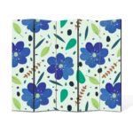 Paravan 5 piese Premium Heartwork TrueColor Flori albastre intre frunze, Panza pe cadru de lemn, Decoratiuni Moderne pentru Casa, 5 x 45 x 150 cm, 225 x 150 cm