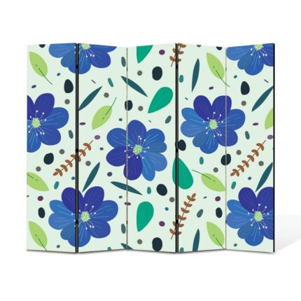 Paravan 5 piese Premium Heartwork TrueColor Flori albastre intre frunze, Panza pe cadru de lemn, Decoratiuni Moderne pentru Casa, 5 x 45 x 150 cm, 225 x 150 cm