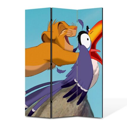 Paravan 3 piese Premium TrueColor, Art Star, The Lion King tanarul Simba si pasarea Zazu, Animatii, Panza pe cadru de lemn, Decoratiuni Moderne pentru Casa, 3 Panouri de 45x150, 135 x 150 cm