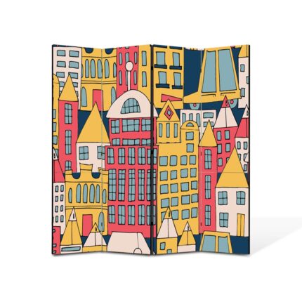 Paravan 4 piese Premium Art Kids, Oraselul multicolor, Panza pe cadru de lemn, Decoratiuni Moderne pentru Casa, 4 Panouri de 25x70, 100 x 70 cm