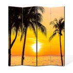 Paravan 4 piese Premium TrueColor, Art Star, Siluete de palmieri la apus, Panza pe cadru de lemn, Decoratiuni Moderne pentru Casa, 4 Panouri de 35 x 150, 140 x 150 cm