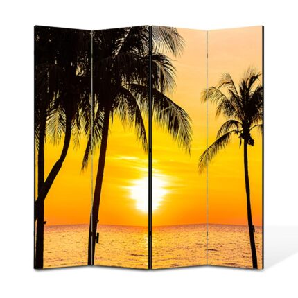 Paravan 4 piese Premium TrueColor, Art Star, Siluete de palmieri la apus, Panza pe cadru de lemn, Decoratiuni Moderne pentru Casa, 4 Panouri de 35 x 150, 140 x 150 cm