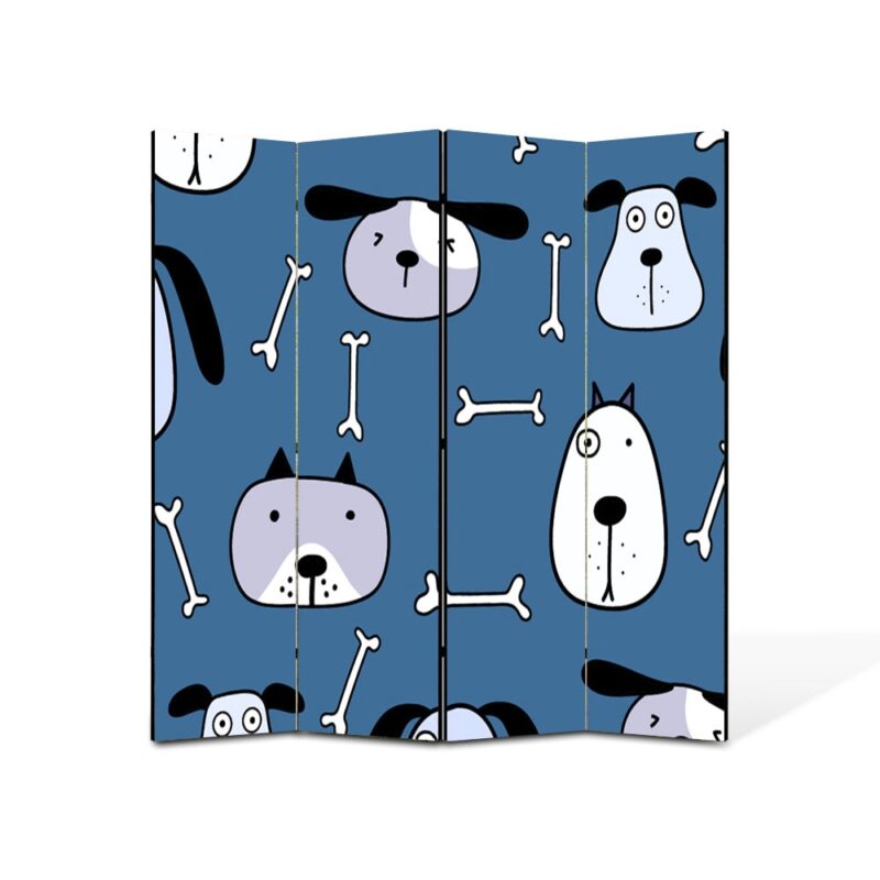 Paravan 4 piese Premium Art Kids, Cainii si jucariile lor, Panza pe cadru de lemn, Decoratiuni Moderne pentru Casa, 4 Panouri de 25x70, 100 x 70 cm
