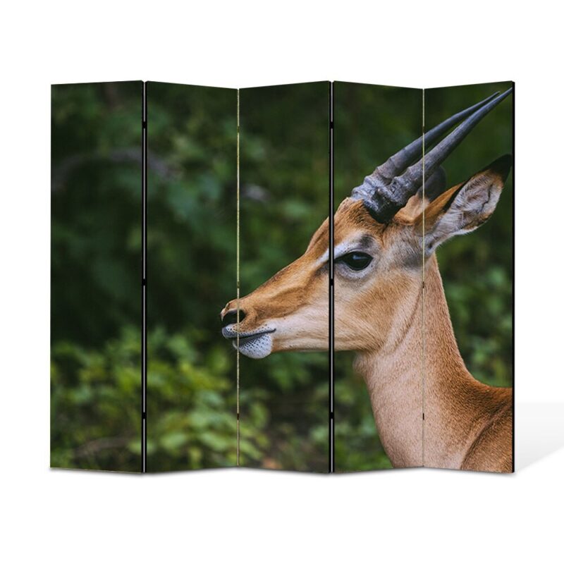 Paravan 5 piese Premium TrueColor, Art Star, Antilopa fotografiata din profil, Animale, Panza pe cadru de lemn, Decoratiuni Moderne pentru Casa, 5 Panouri de 35x180, 175 x 180 cm