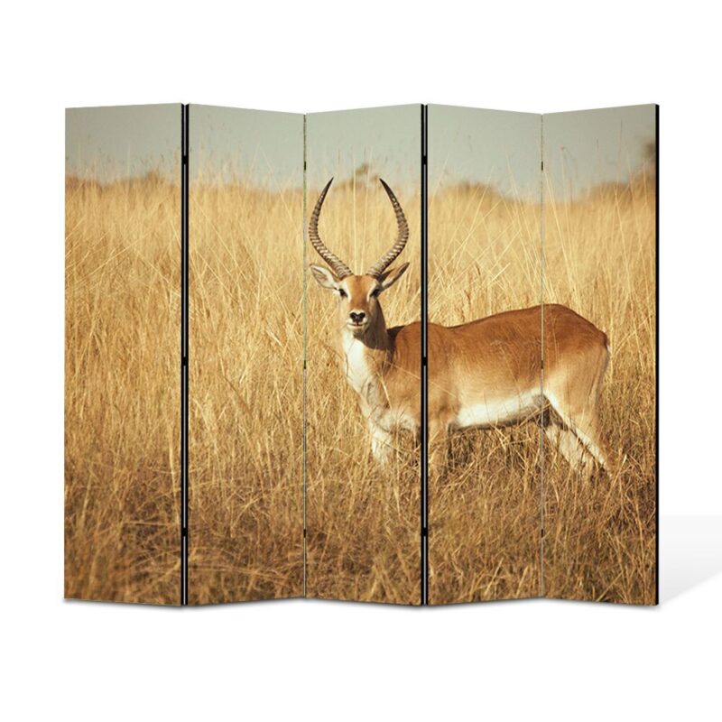 Paravan 5 piese Premium TrueColor, Art Star, Antilopa pe pajistea aurie, Animale, Panza pe cadru de lemn, Decoratiuni Moderne pentru Casa, 5 Panouri de 35x180, 175 x 180 cm