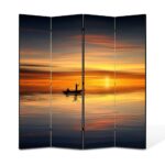 Paravan 4 piese Premium TrueColor, Art Star, Cu barca pe apa la apus, Panza pe cadru de lemn, Decoratiuni Moderne pentru Casa, 4 Panouri de 35 x 150, 140 x 150 cm
