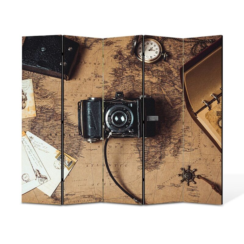 Paravan 5 piese Premium TrueColor, Art Star, Camera foto si vederi vintage, Vintage, Panza pe cadru de lemn, Decoratiuni Moderne pentru Casa, 5 Panouri de 45x150, 225 x 150 cm