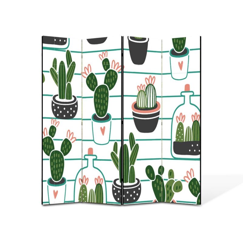 Paravan 4 piese Premium Art Kids, Cactusi Verzi frumosi, Panza pe cadru de lemn, Decoratiuni Moderne pentru Casa, 4 Panouri de 25x70, 100 x 70 cm