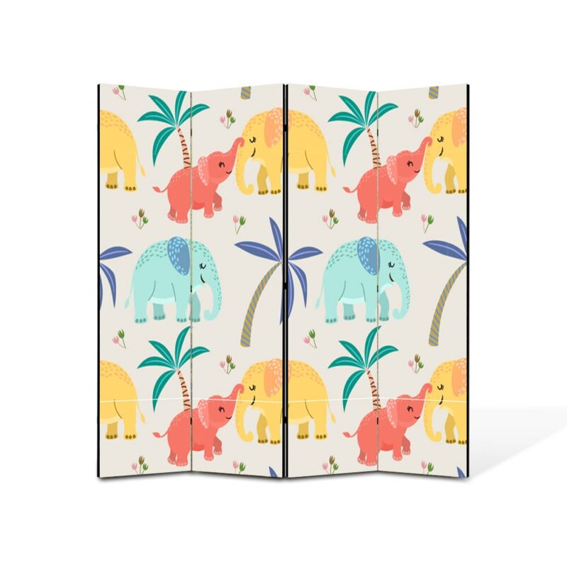 Paravan 4 piese Premium Art Kids, Elefanti in culori vii, Panza pe cadru de lemn, Decoratiuni Moderne pentru Casa, 4 Panouri de 25x70, 100 x 70 cm