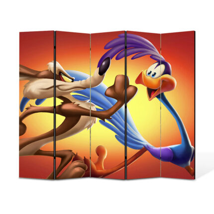 Paravan 5 piese Premium TrueColor, Art Star, Road Runner si Coiotul din Looney Tunes, Animatii, Panza pe cadru de lemn, Decoratiuni Moderne pentru Casa, 5 Panouri de 45x180, 225 x 180 cm