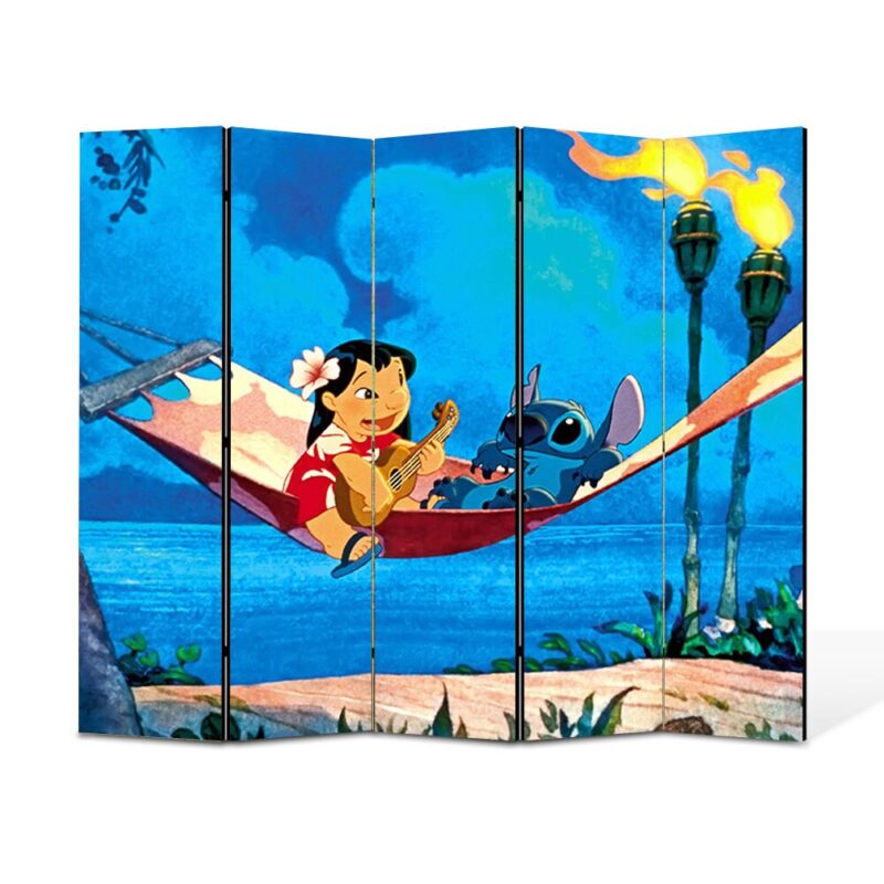 Paravan 5 piese Premium TrueColor, Art Star, Liolo si Stitch in hamac ascultand muzica, Animatii, Panza pe cadru de lemn, Decoratiuni Moderne pentru Casa, 5 Panouri de 45x180, 225 x 180 cm