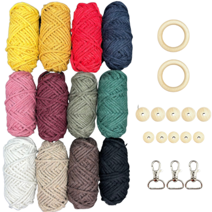Set pentru macrame, KoloroweMotki, X161, Bumbac, 240m, 12 sfori de 20m, 3mm, 5x 15mm, 5x coral 20mm, 3x carabina, 2 x inel de lemn, Multicolor