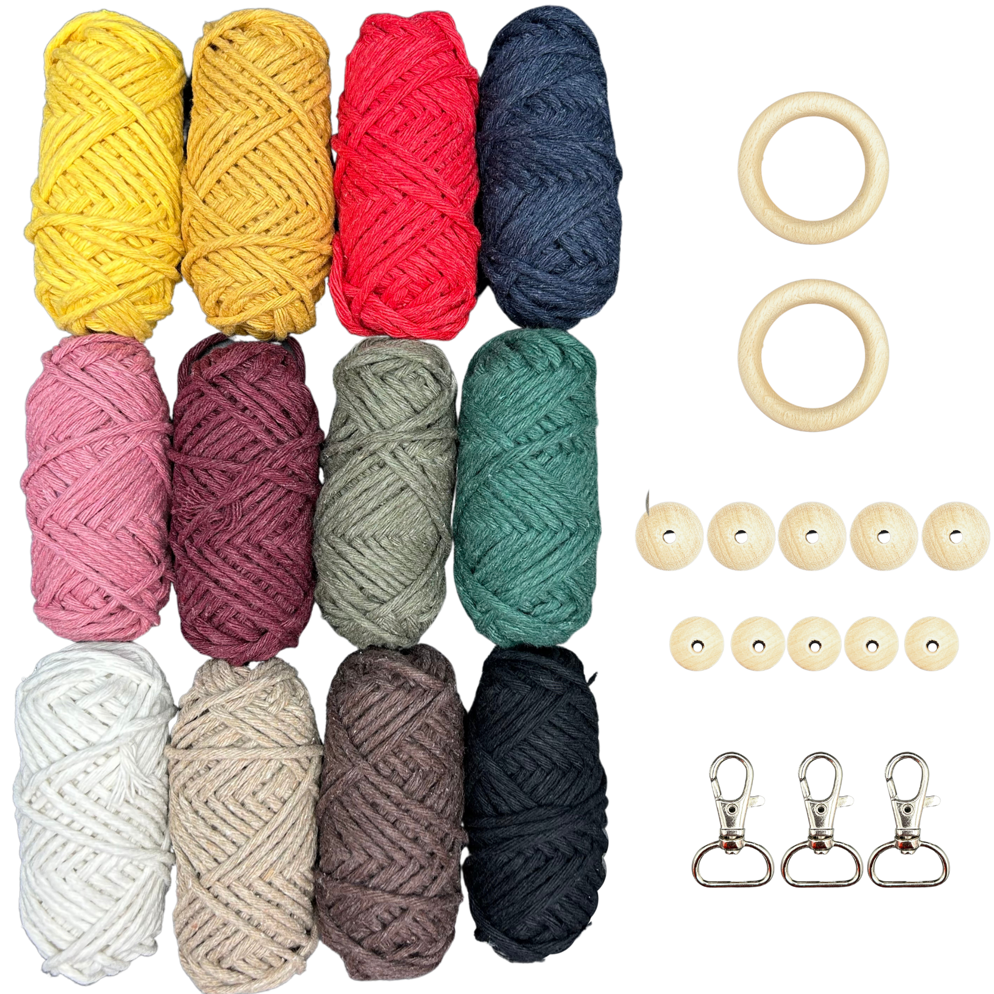 res_6948c1a4b570b734fedc69c93660f5f6 Set pentru macrame, KoloroweMotki, X161, Bumbac, 240m, 12 sfori de 20m, 3mm, 5x 15mm, 5x coral 20mm, 3x carabina, 2 x inel de lemn, Multicolor