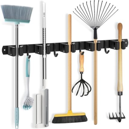 Suport multifunctional de perete pentru maturi si mop, 5 spatii pentru unelte si 4 cuiere, Inox, Negru