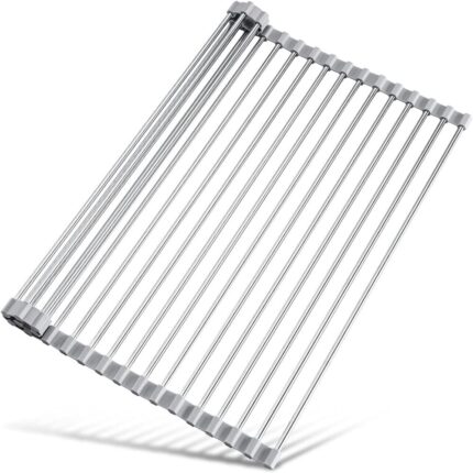 Organizator multifunctional pentru bucatarie, pliabil peste chiuveta, inox, antiderapant, 47x23cm, argintiu