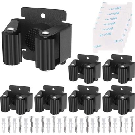 Set 6 Suport perete pentru mop/matura/ustensile de curatat, JENUOS®, dibluri incluse, otel inoxidabil, Antiderapant, Negru