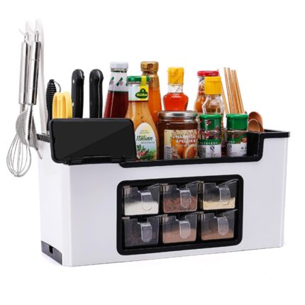 Organizator Multifunctional pentru Bucatarie Teno®, 6 Compartimente, raft condimente, suport detasabil telefon, tavita de scurgere, suport tacamuri/ustensile, alb