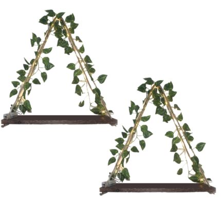 Set 2 rafturi decorative cu banda LED, Hggzeg, Pana la 9kg, Montare usoara, Pentru depozitare Bucatarie, dormitoare, Baie, Compact si versatil, ideal pentru o viata ordonata, Lemn, 43.2x15.2x50.5cm, Verde/Maro