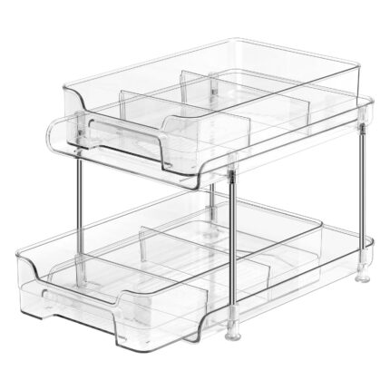 Organizator universal cu 2 nivele si separator detasabil, NUODWELL, Usor de asamblat, Design anti-alunecare si extractibil, Pentru baie, dulapuri, blaturi, blaturi, bucatarie, camara, birou, PET/ Otel inoxidabil, 29 x 21.2 x 22 cm, Transparent
