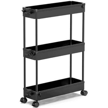 Carucior de Depozitare Slim Elindor®, 3 Niveluri, Carlige pentru Chei, Organizator Multifunctional pentru Baie, Birou, Bucatarie, Spalatorie, Locuri Inguste - Negru