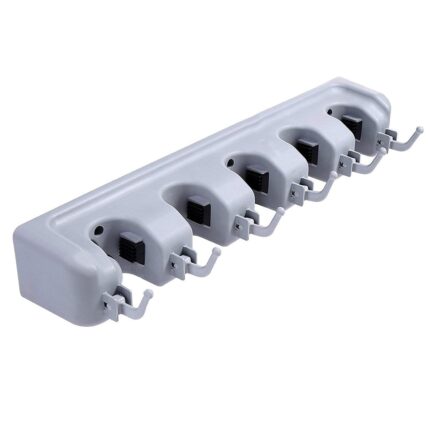 Suport multifunctional de perete pentru maturi si mop, awwaline®, 5 spatii pentru unelte si 6 cuiere, sistem ingenios de agatare