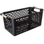 Cos depozitare plastic, cu manere lemn, L29xl14xh12cm, negru, Happymax