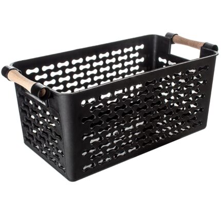 Cos depozitare plastic, cu manere lemn, L29xl14xh12cm, negru, Happymax