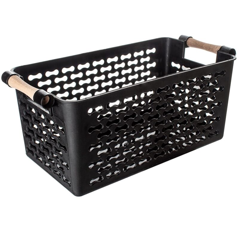 Cos depozitare plastic, cu manere lemn, L29xl14xh12cm, negru, Happymax