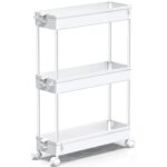 Carucior de Depozitare Slim Elindor®, 3 Niveluri, Carlige pentru Chei, Organizator Multifunctional pentru Baie, Birou, Bucatarie, Spalatorie, Locuri Inguste - Alb