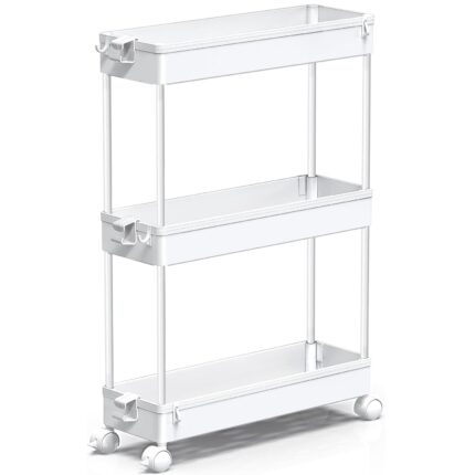 Carucior de Depozitare Slim Elindor®, 3 Niveluri, Carlige pentru Chei, Organizator Multifunctional pentru Baie, Birou, Bucatarie, Spalatorie, Locuri Inguste - Alb