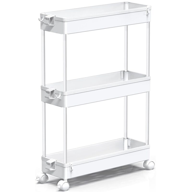 Carucior de Depozitare Slim Elindor®, 3 Niveluri, Carlige pentru Chei, Organizator Multifunctional pentru Baie, Birou, Bucatarie, Spalatorie, Locuri Inguste - Alb