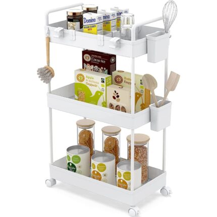 Carucior organizator mobil, Ronlap, 3 nivele, multifunctional, pentru depozitare, cu roti si rafturi detasabile, sertare ergonomice cu divizoare, carlige si pahare suspendate, 40 x 22 x 64 cm, Alb