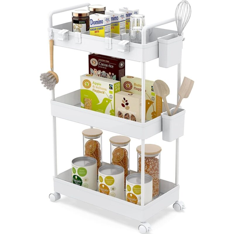 Carucior organizator mobil, Ronlap, 3 nivele, multifunctional, pentru depozitare, cu roti si rafturi detasabile, sertare ergonomice cu divizoare, carlige si pahare suspendate, 40 x 22 x 64 cm, Alb