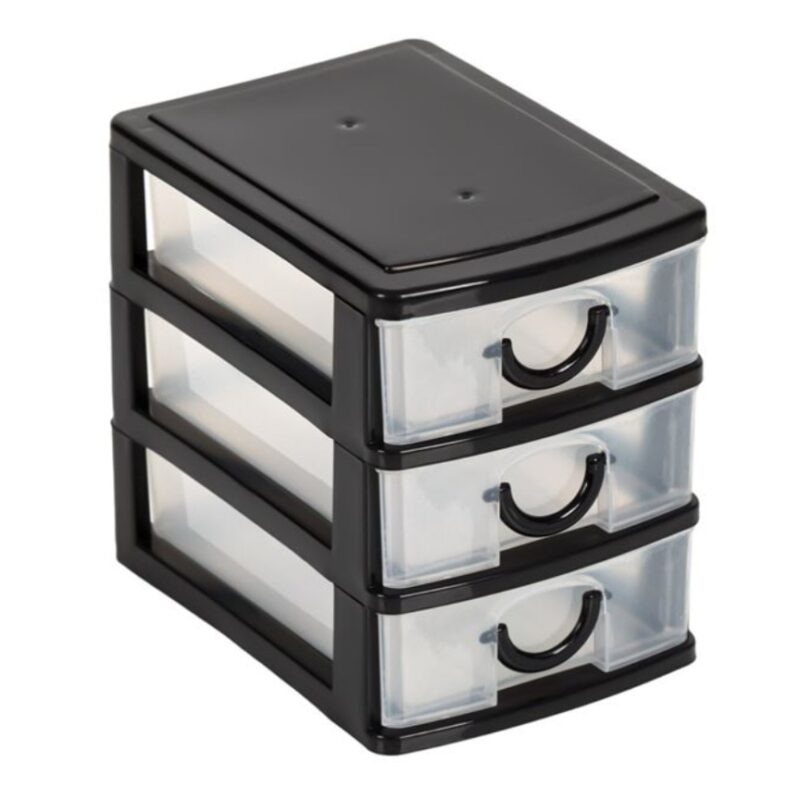 Comoda de birou cu 3 sertare, plastic, negru, 11x9x13cm