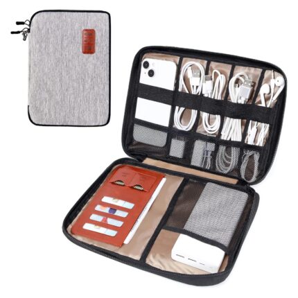 ​​​Husa pentru depozitarea cablurilor, ZUNSEAT, dublu strat, rezistenta la apa, Pentru iPad, cabluri, incarcatoare, cartele de joc, hard disk, Poliester, 24x17cm, gri