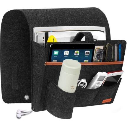 Organizator pentru pat tip buzunar, potrivit pentru iPad, carti, reviste, telefon mobil, telecomanda, tableta, ochelari, 5 compartimente, negru, 35x25x2.5 cm, Beatus®