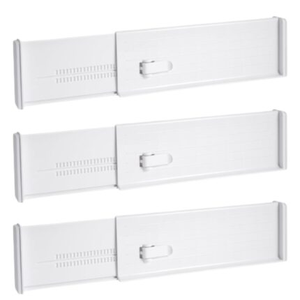 Set 3 Organizatoare Tip Despartitor Sertar SUPER TRENDS®, Pentru Dulapuri si Rafturi, Marime Ajustabila 35 - 54 cm, Plastic Durabil, Protectii Anti Alunecare, Alb