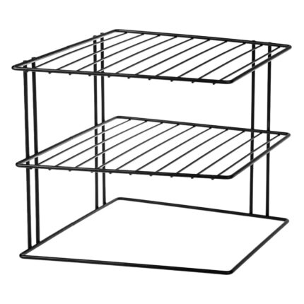 Raft organizator de colt metalic pentru bucatarie Shopiens®, cu 3 nivele si picioare cu capace din silicon, negru, 23 x 23 x 21 cm
