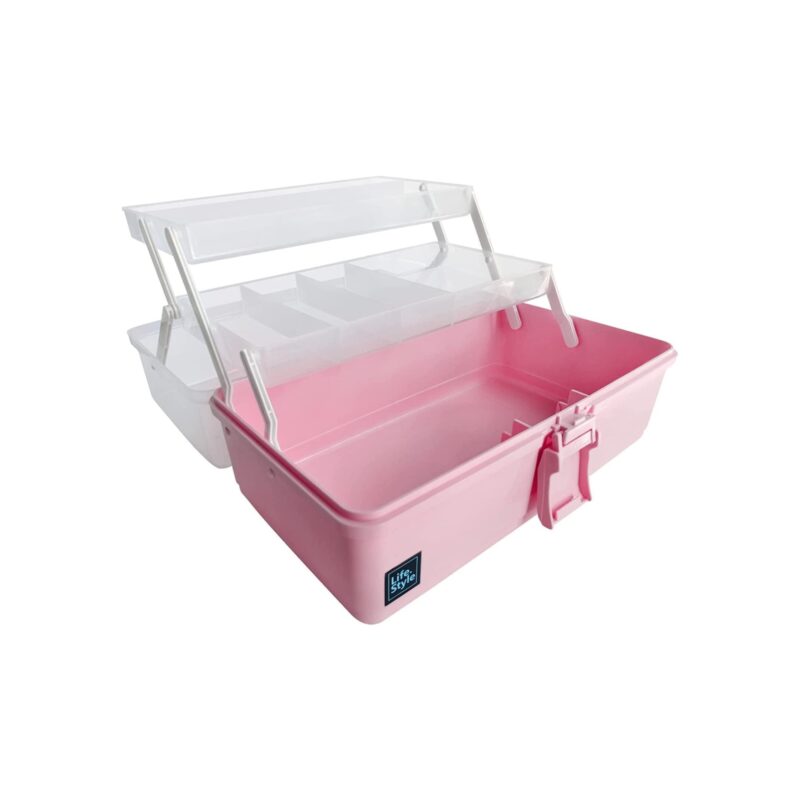 Cutie de medicamente cu 2 tavi, plastic, depozitare pliabila, utilizare multifunctionala, roz/ transparent, 34x19x17.5 cm