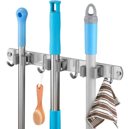 Suport perete pentru mop/matura/ustensile de curatat, Quasar & Co.®, 34 x 3 cm, dibluri incluse, otel inoxidabil, argintiu