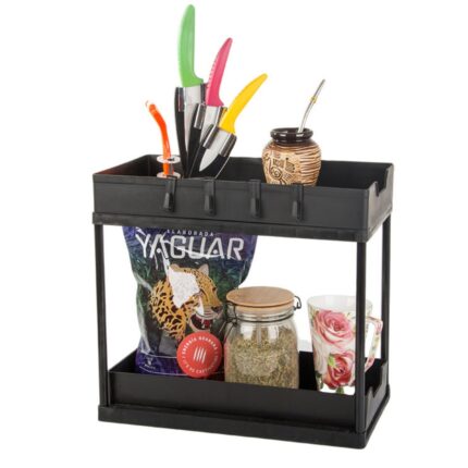 Raft Bucatarie cu 2 Niveluri, Glisabil, Carlige Incluse, Usor de Asamblat, din Plastic, 38x39.5x22cm, Negru