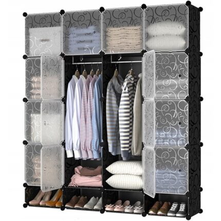 Set Dulap modular pentru haine si suport de pantofi, BADU, 12 rafturi, 147x36x165 cm, Negru