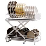 Organizator cu uscator vase Destello, Reglabil pe 2 inaltimi 32/38cm, Raft Solid, 2 Nivele culisante, Scurgere apa, Pana la 15kg, Sistem glisare sertare pe sina, Pentru depozitare farfuri si bolouri, Dimensiune baza 42x32cm - Metal alb