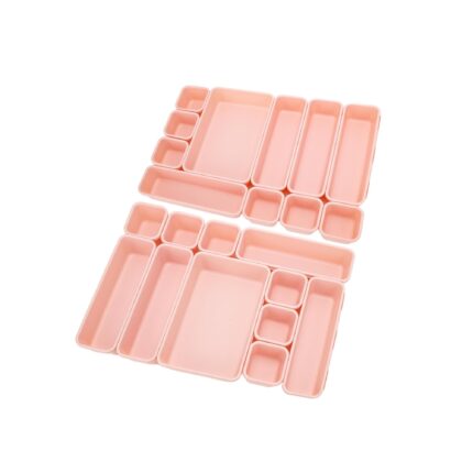 Organizator sertar modular, 22 compartimente interconectabile, dimensiuni diferite, Roz