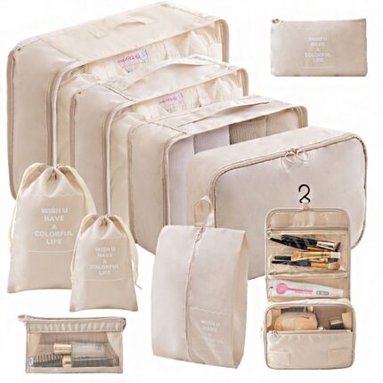 Set de 10 organizatoare de calatorie, poliester, impermeabil, Bej