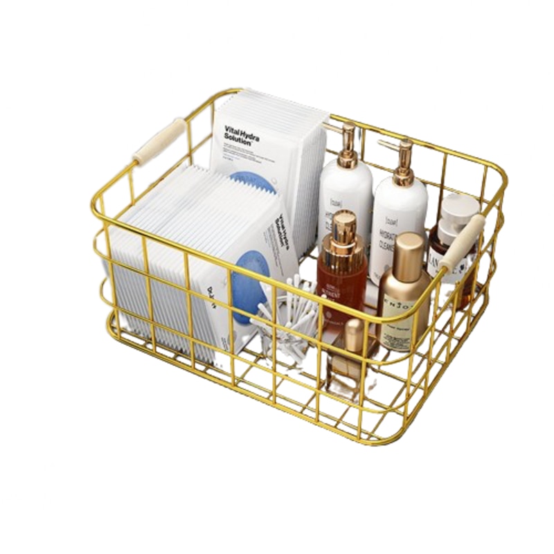 Cos metalic multifuntional pentru organizare si depozitare, cos decorativ auriu 40 x 30 x 17 cm