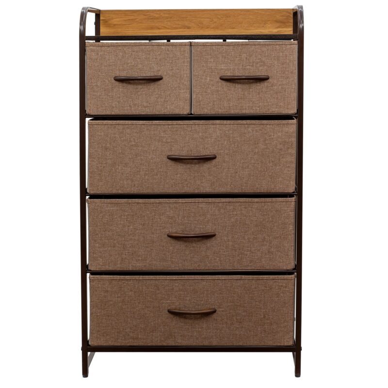 Comoda cu 5 sertare material textil, cadru metalic, blat MDF, 58 x 29 x 99 cm, TB87 Crem