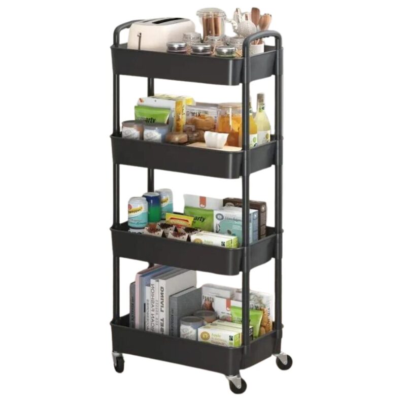 Carucior Depozitare si Organizare Zenino - cu 4 Niveluri, Model Versatil, Roti 360 cu Blocare, din Metal, 39x27x95cm, Negru